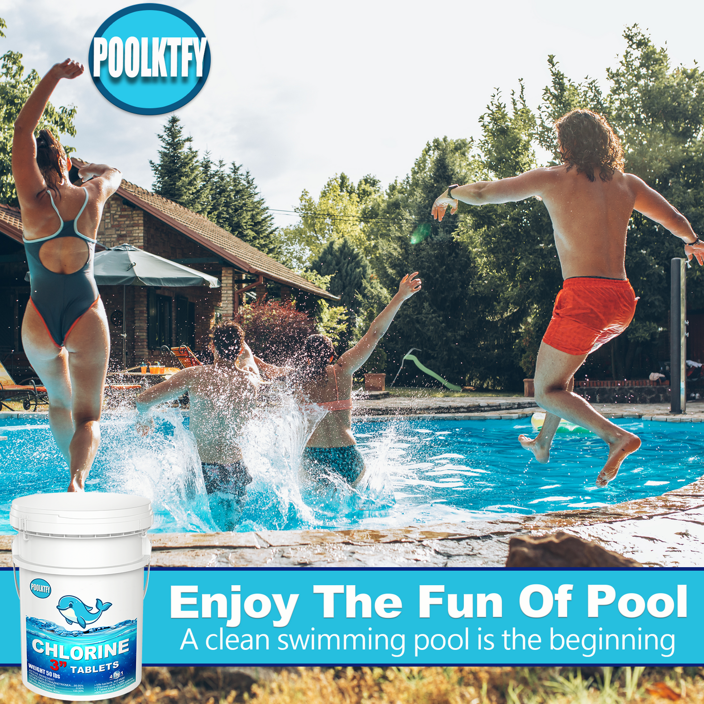 People jumping into a pool with Poolfy branding and a container of chlorine tablets.